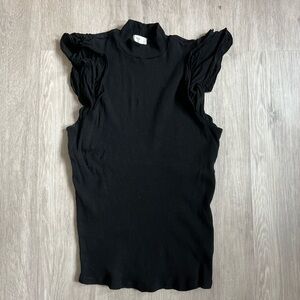 T.La Anthropology Ribbed Black Ruffled Sleeve mock neck Blouse